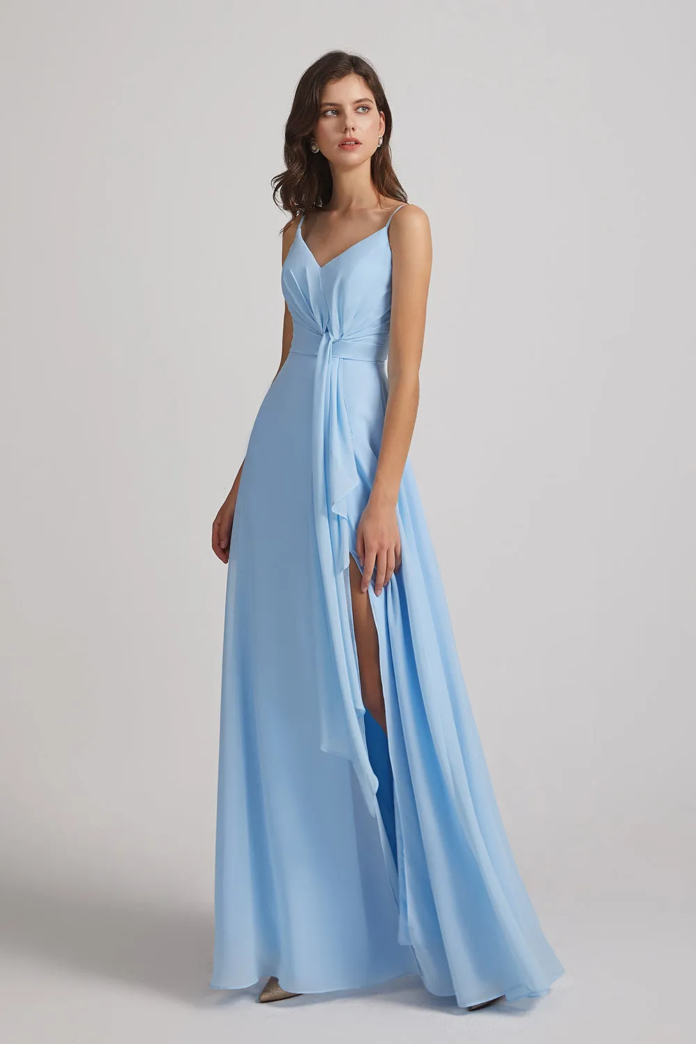 Straps V-Neck Chiffon Bridesmaid Dresses with Waist Knot and Side Slit (AF0101)