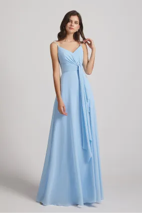 Straps V-Neck Chiffon Bridesmaid Dresses with Waist Knot and Side Slit (AF0101)