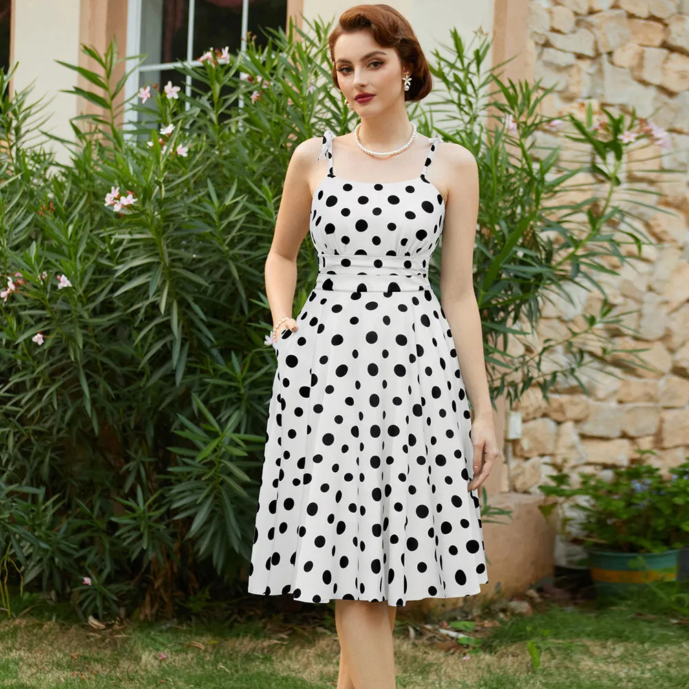 Summer Polka Dot Pattern Slip Dresses for Women Spaghetti Strap Midi Sun Dress Cute Casual Dress with Pockets