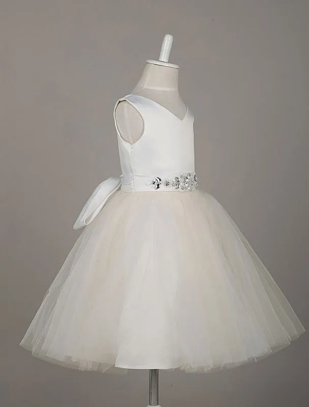 Tulle Satin V Neck Tutu Dress Ivory Beading Waist Sleeveless A Line Flower Girl Dresses With Sash