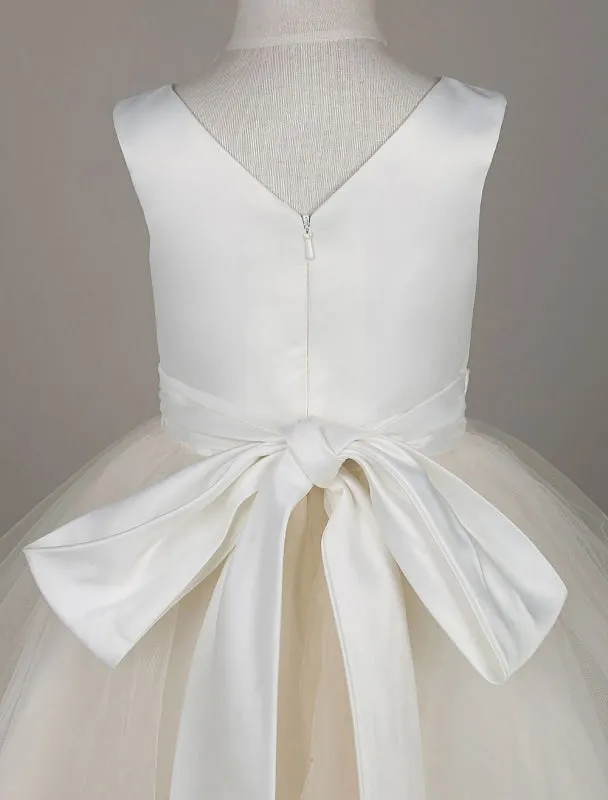 Tulle Satin V Neck Tutu Dress Ivory Beading Waist Sleeveless A Line Flower Girl Dresses With Sash