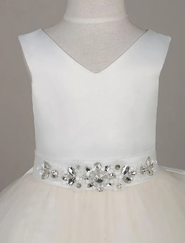 Tulle Satin V Neck Tutu Dress Ivory Beading Waist Sleeveless A Line Flower Girl Dresses With Sash