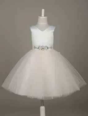 Tulle Satin V Neck Tutu Dress Ivory Beading Waist Sleeveless A Line Flower Girl Dresses With Sash