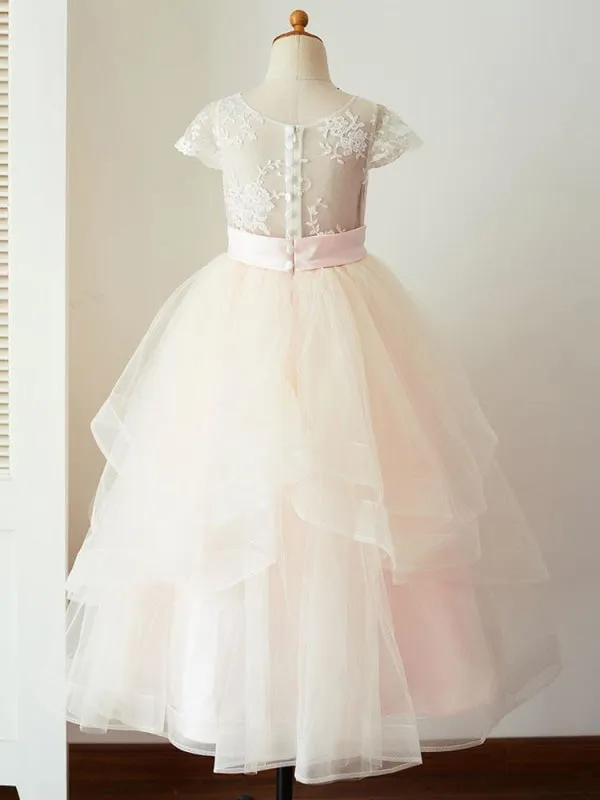 Tulle Short Sleeves Flower Girl Dresses Jewel Neck Floor-Length Princess Dress for Kids