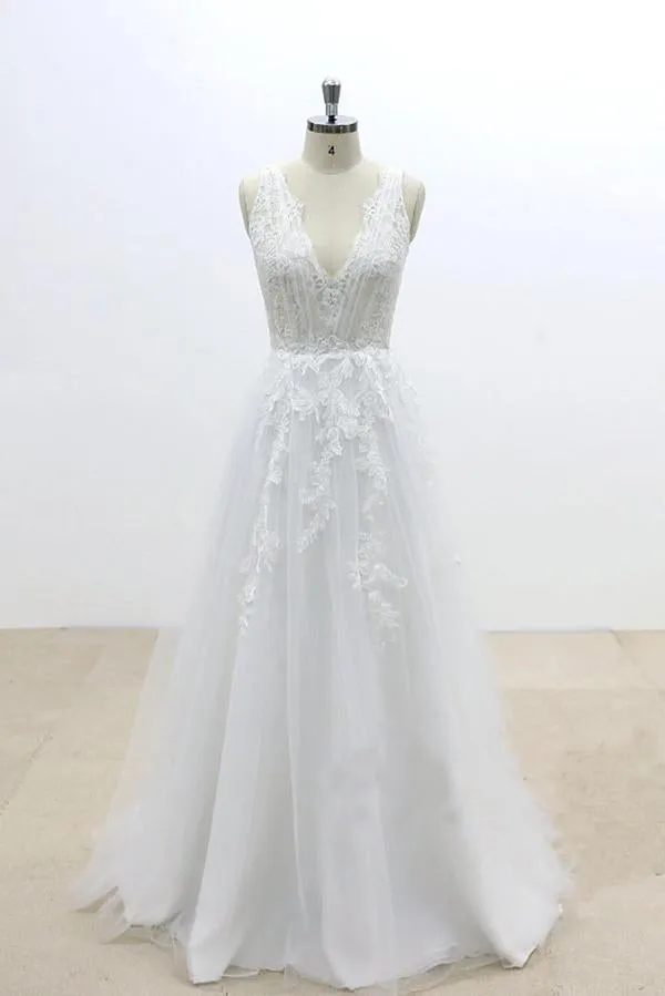 V-Cut shape Back Tulle Lace Appliques A Line Open Back Beach Wedding Dresses