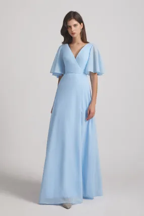 V-Neck Chiffon Side Slit Flutter Half Sleeve Blue Bridesmaid Dresses (AF0055)