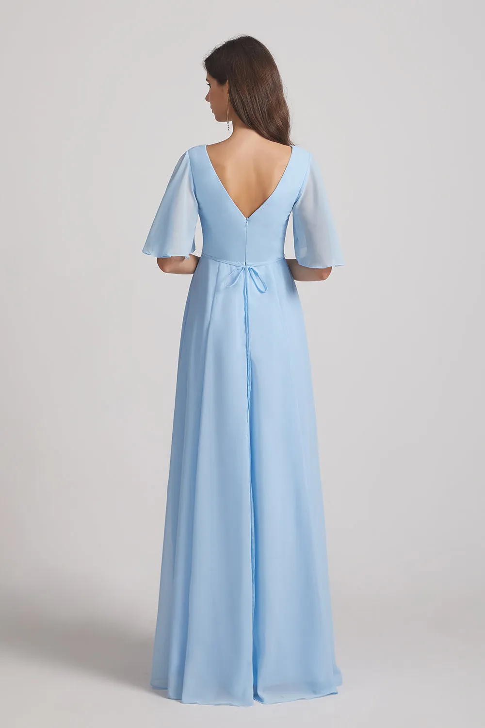 V-Neck Chiffon Side Slit Flutter Half Sleeve Blue Bridesmaid Dresses (AF0055)