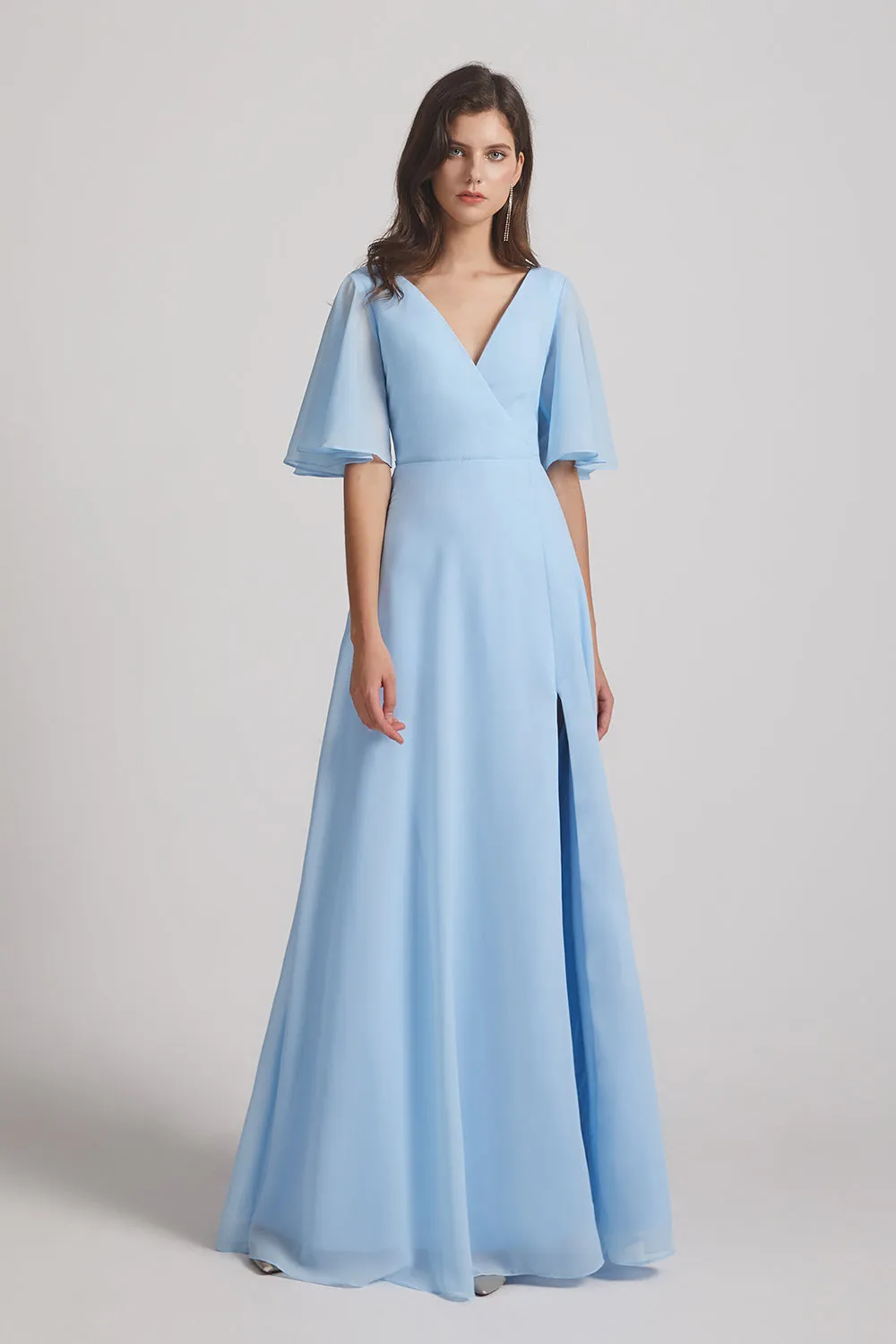 V-Neck Chiffon Side Slit Flutter Half Sleeve Blue Bridesmaid Dresses (AF0055)