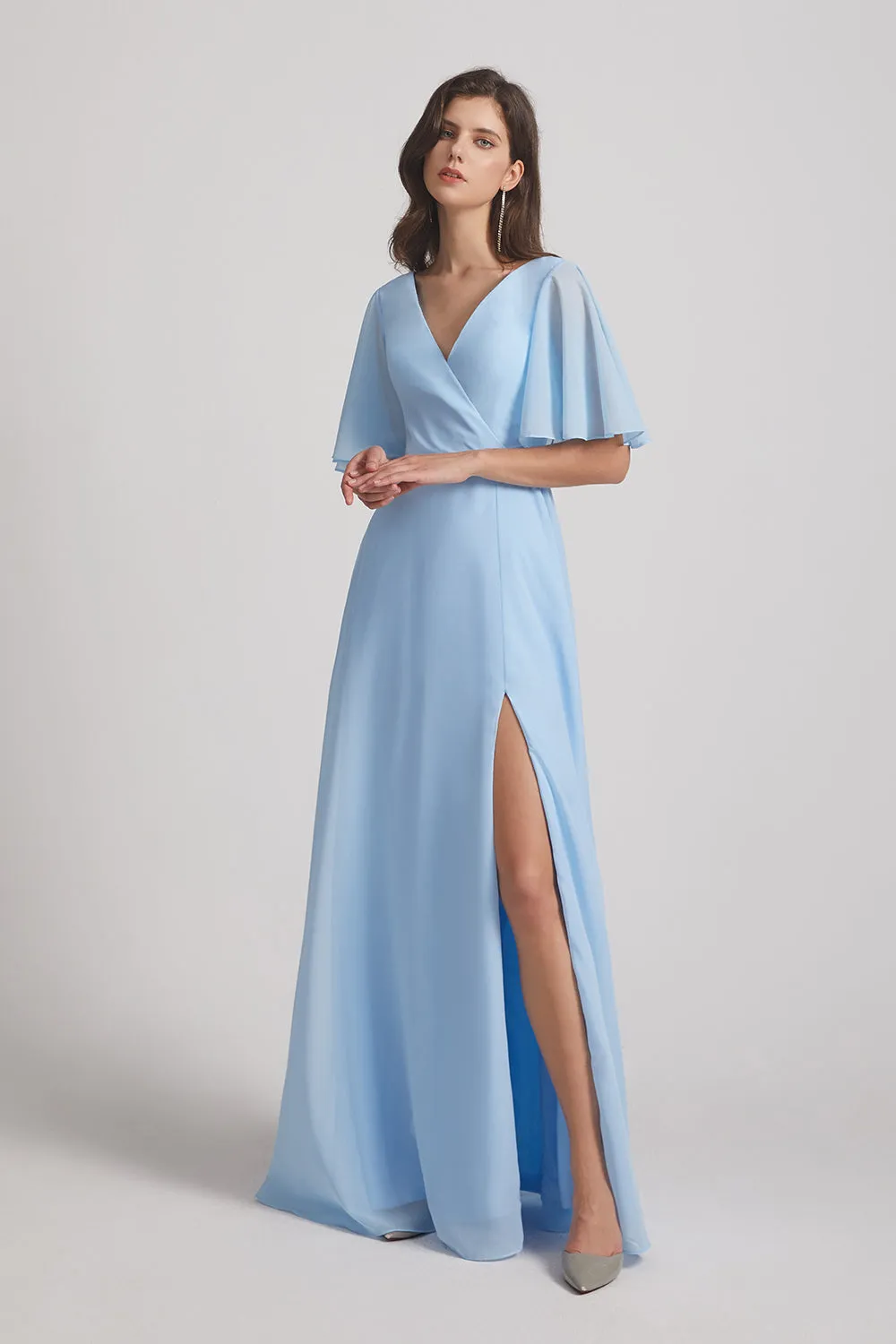 V-Neck Chiffon Side Slit Flutter Half Sleeve Blue Bridesmaid Dresses (AF0055)