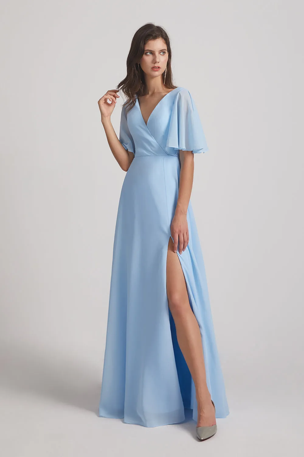 V-Neck Chiffon Side Slit Flutter Half Sleeve Blue Bridesmaid Dresses (AF0055)