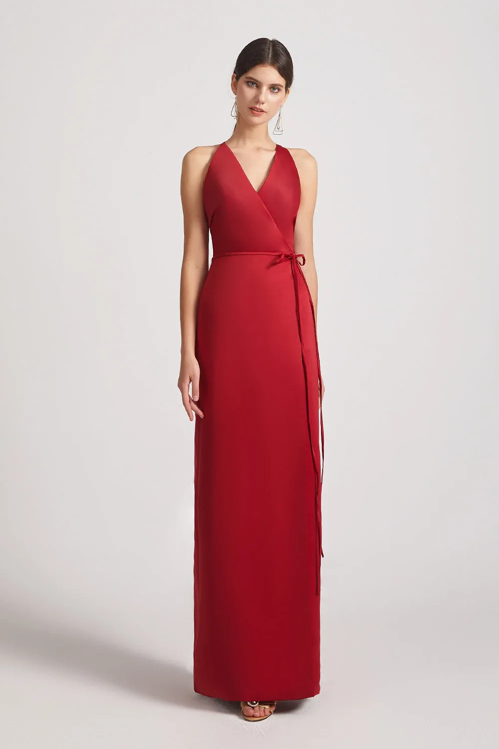 V-Neck Tie-Waist Open Back Long Satin Sleeveless Bridesmaid Dresses (AF0176)