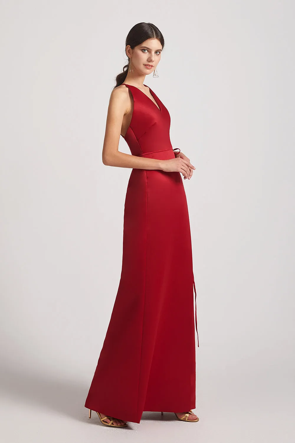 V-Neck Tie-Waist Open Back Long Satin Sleeveless Bridesmaid Dresses (AF0176)