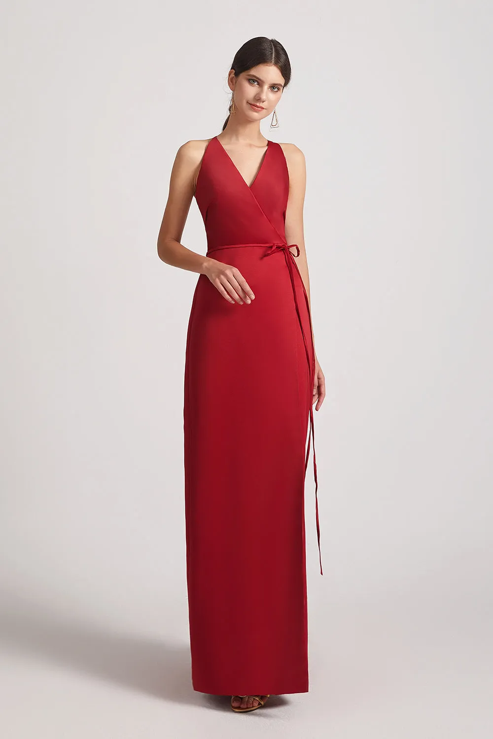 V-Neck Tie-Waist Open Back Long Satin Sleeveless Bridesmaid Dresses (AF0176)