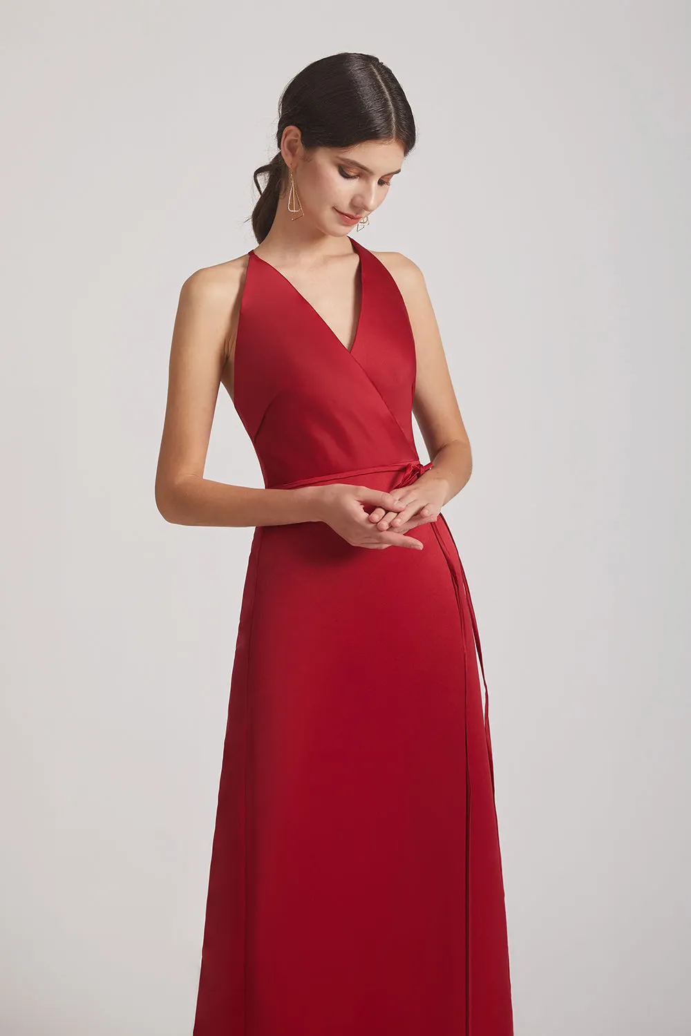 V-Neck Tie-Waist Open Back Long Satin Sleeveless Bridesmaid Dresses (AF0176)