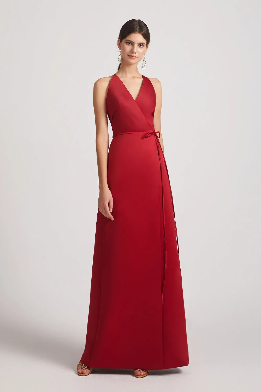 V-Neck Tie-Waist Open Back Long Satin Sleeveless Bridesmaid Dresses (AF0176)