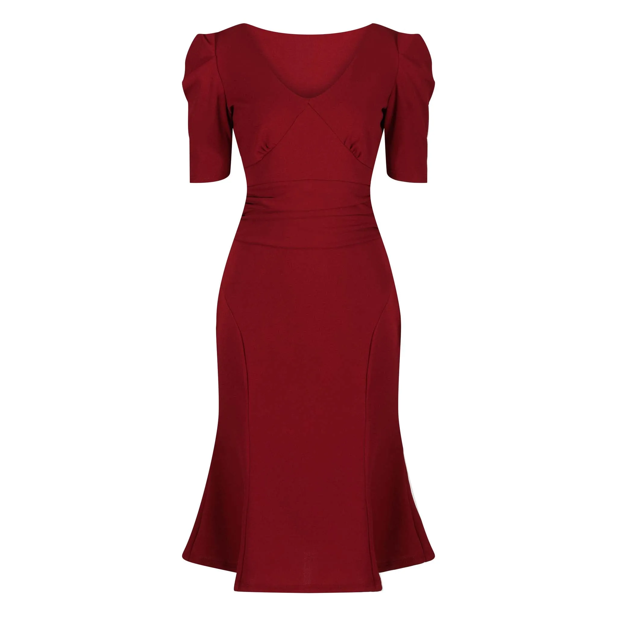 Vintage 1940s Wine Red Gathered Puff Sleeve Pencil Dress