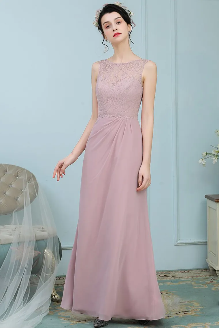 Viviana Sleeveless Sheath/Column Floor Length Scoop Lace Chiffon Natural Waist Bridesmaid Dresses