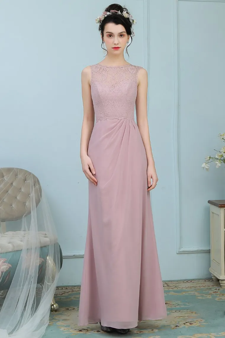 Viviana Sleeveless Sheath/Column Floor Length Scoop Lace Chiffon Natural Waist Bridesmaid Dresses