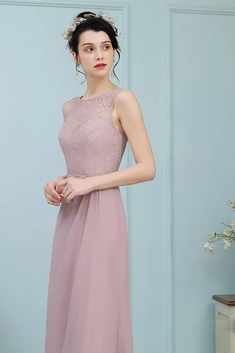 Viviana Sleeveless Sheath/Column Floor Length Scoop Lace Chiffon Natural Waist Bridesmaid Dresses