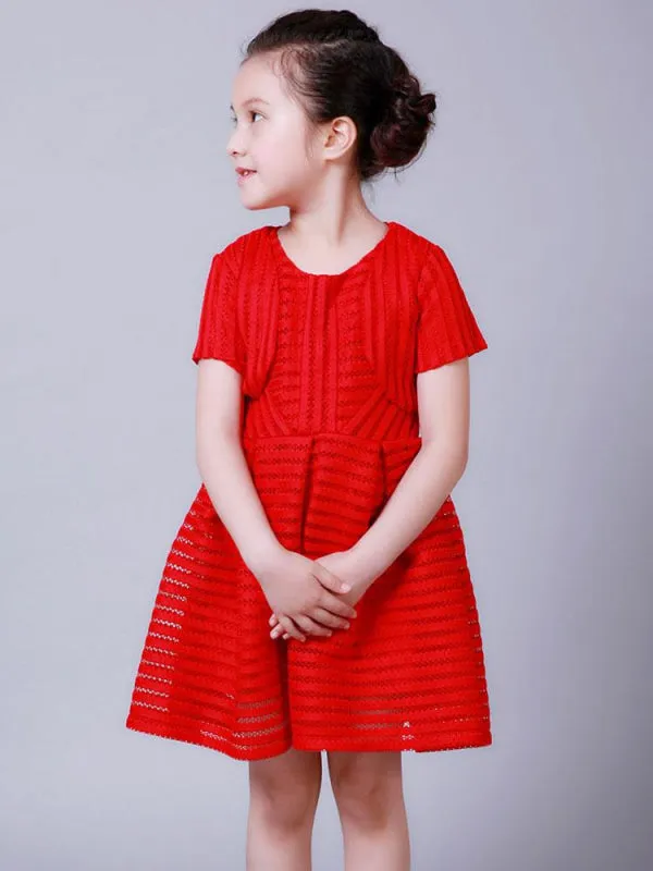 White Short Sleeves Cotton Blend Flower Girl Dresses Tea-Length A-Line Pleated Kids Daily Wear Dress