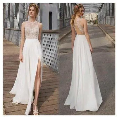 White Side Split Prom Dress Open Back Bridesmaid Dresses Beach Wedding Dress