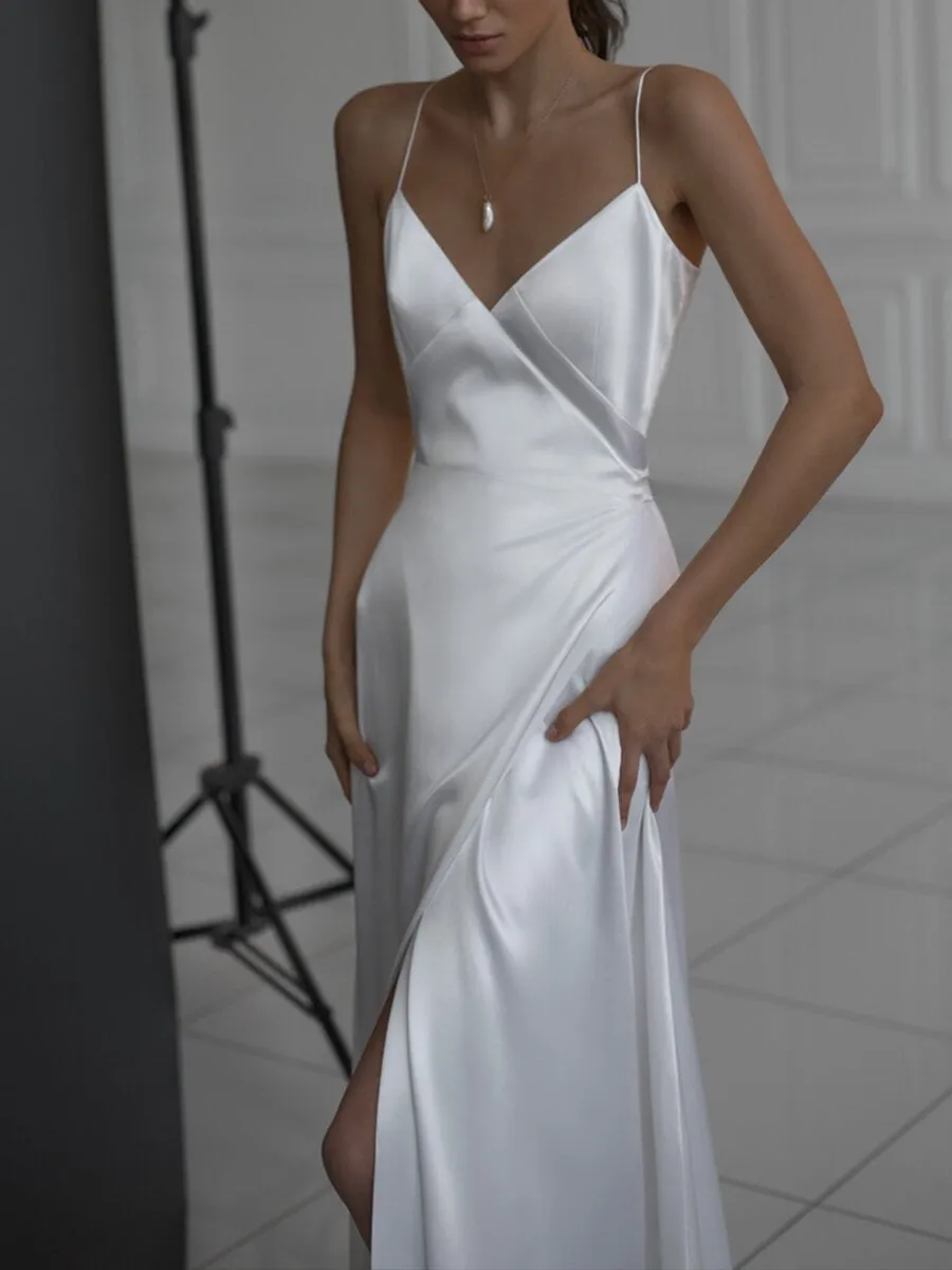 White Suspenders Tight-fitting Slit Long Dress