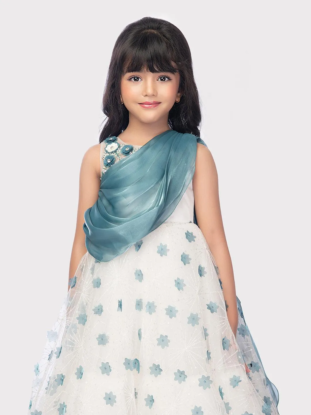 White With Blue Coloured Ball Gown For Girls / Birthday Party Wear Outfit For Kids / Online Dresses