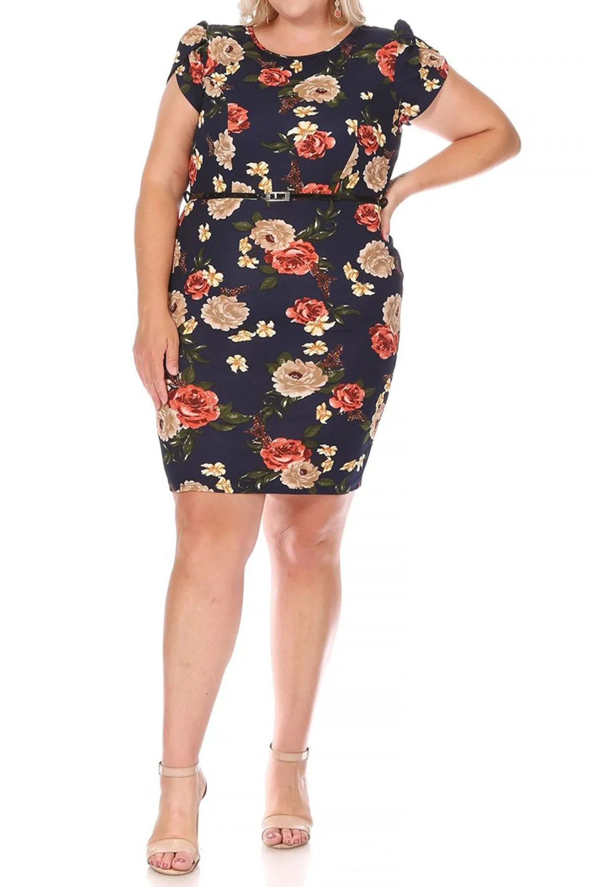 Women's Elegant Plus Size Floral Pencil Work Dresses Short Sleeve Round Neck with Belt