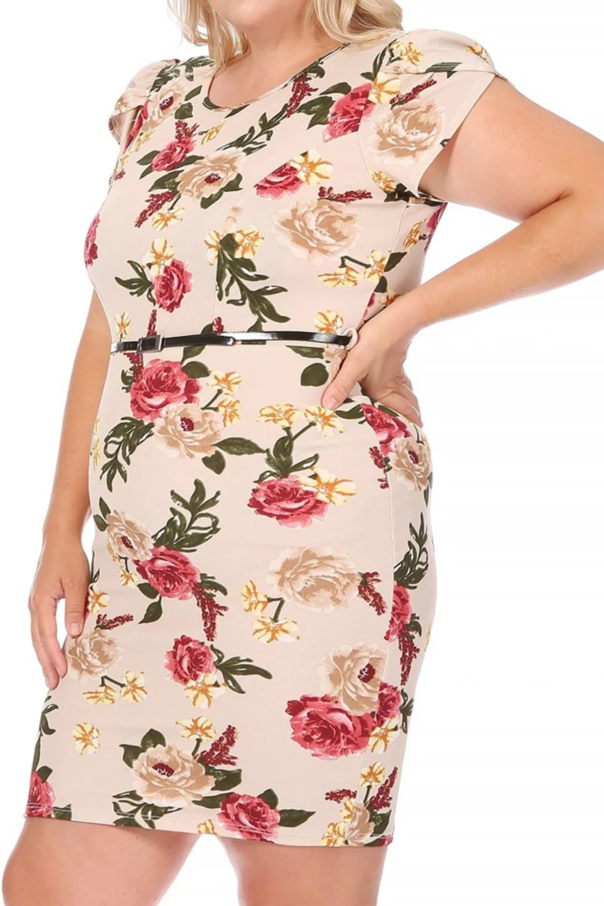 Women's Elegant Plus Size Floral Pencil Work Dresses Short Sleeve Round Neck with Belt