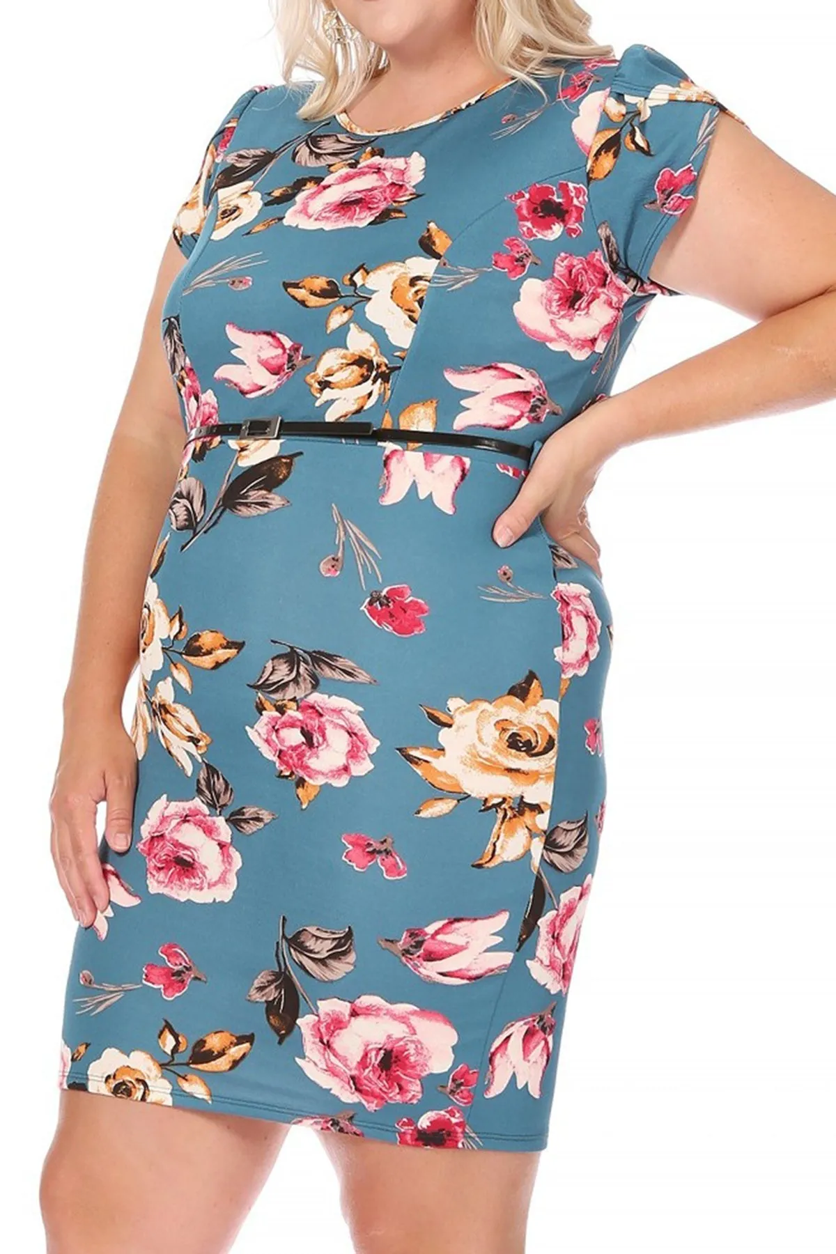 Women's Elegant Plus Size Floral Pencil Work Dresses Short Sleeve Round Neck with Belt