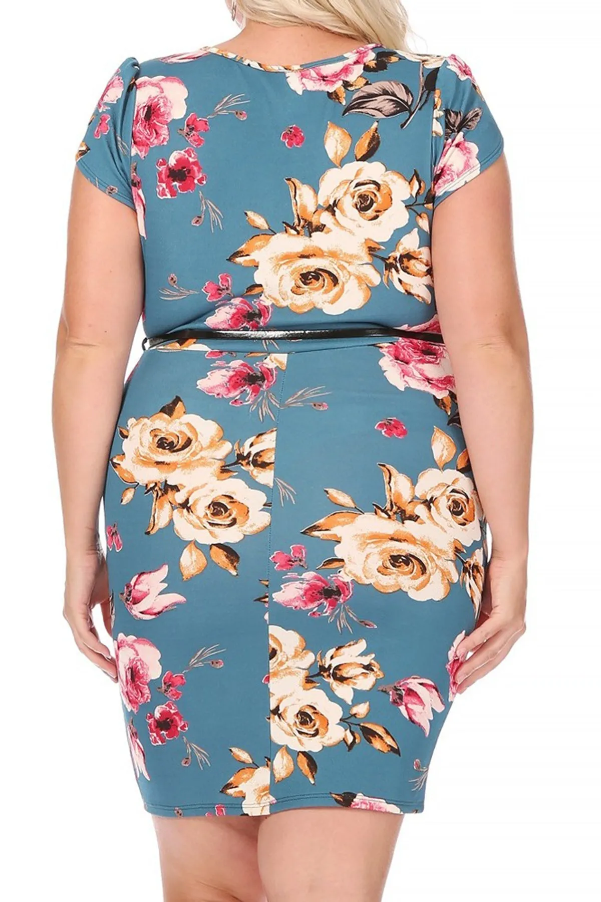 Women's Elegant Plus Size Floral Pencil Work Dresses Short Sleeve Round Neck with Belt