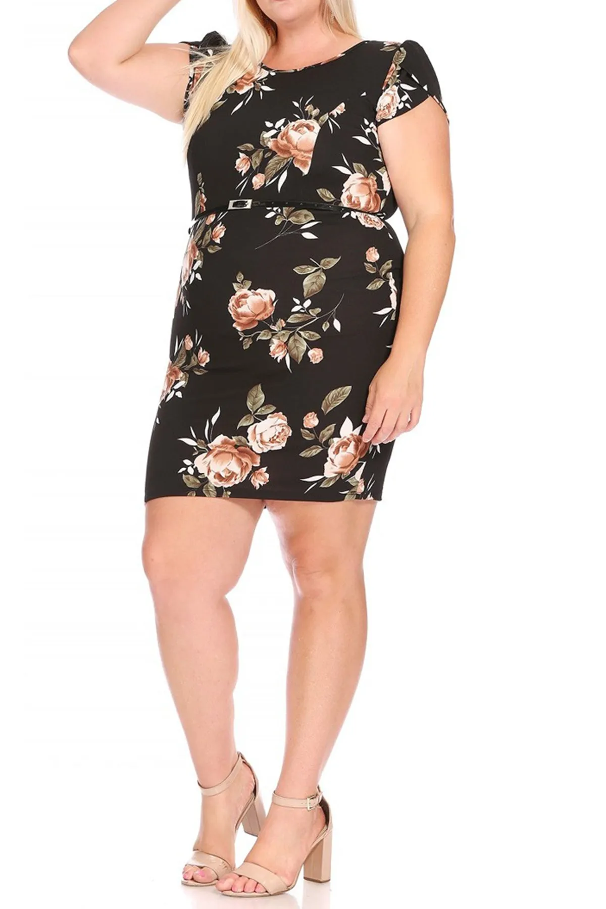 Women's Elegant Plus Size Floral Pencil Work Dresses Short Sleeve Round Neck with Belt