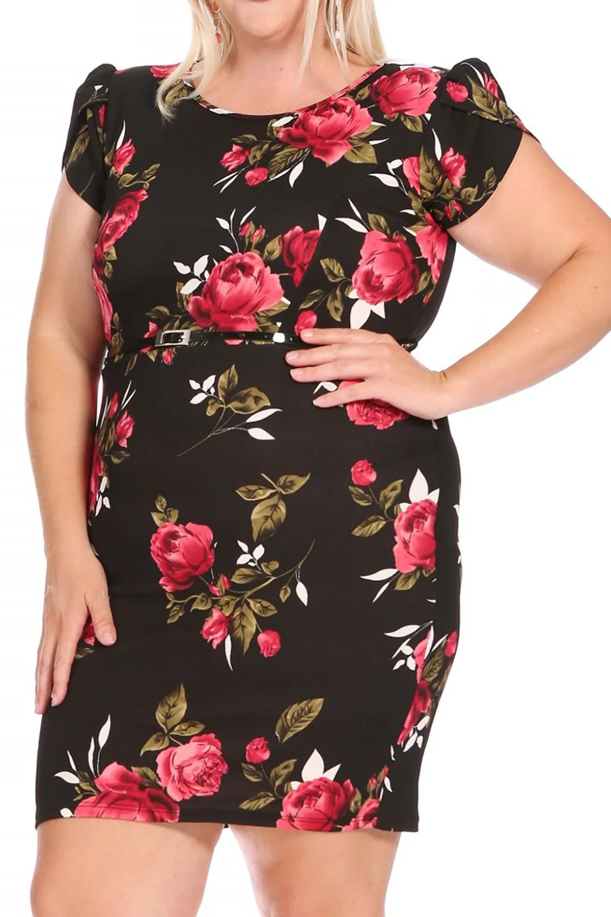 Women's Elegant Plus Size Floral Pencil Work Dresses Short Sleeve Round Neck with Belt