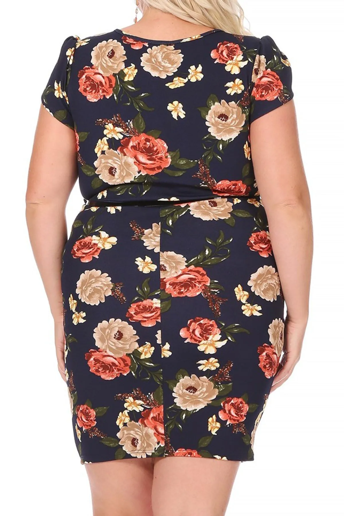 Women's Elegant Plus Size Floral Pencil Work Dresses Short Sleeve Round Neck with Belt