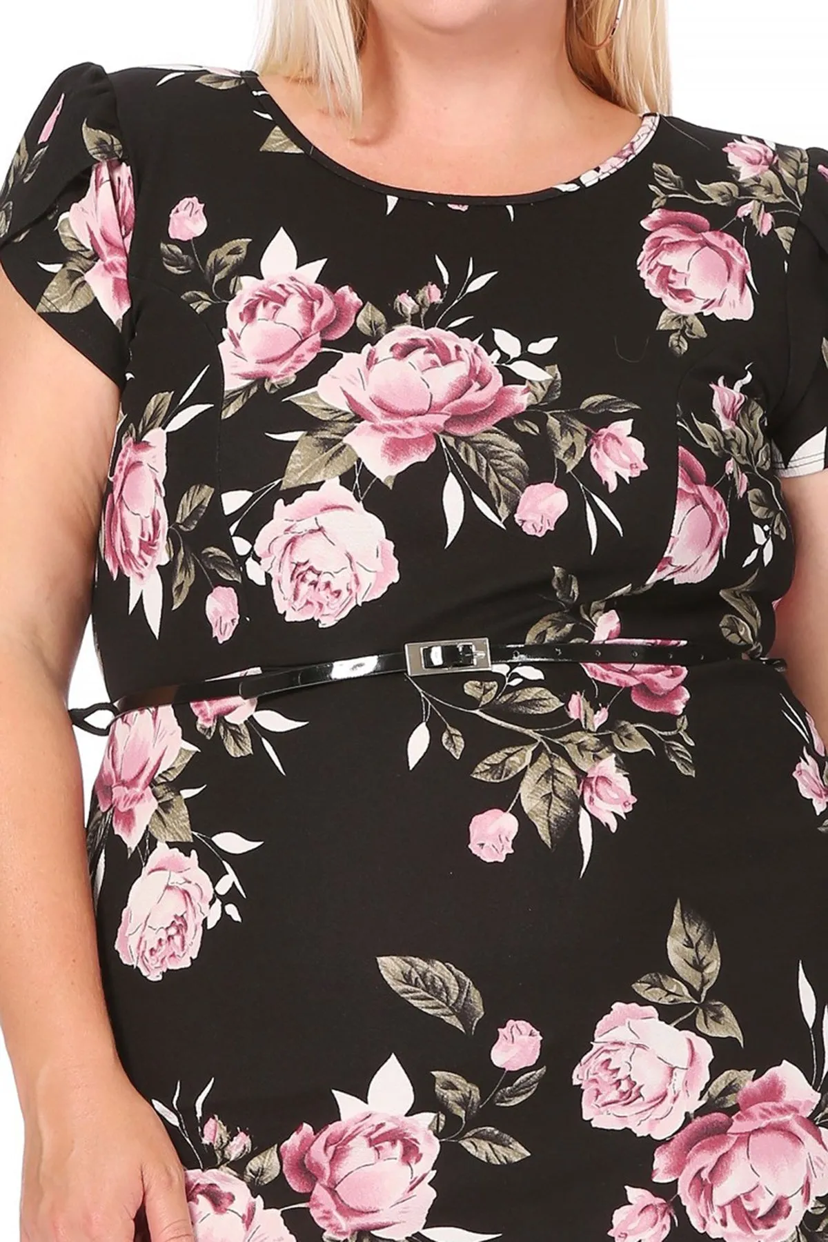 Women's Elegant Plus Size Floral Pencil Work Dresses Short Sleeve Round Neck with Belt