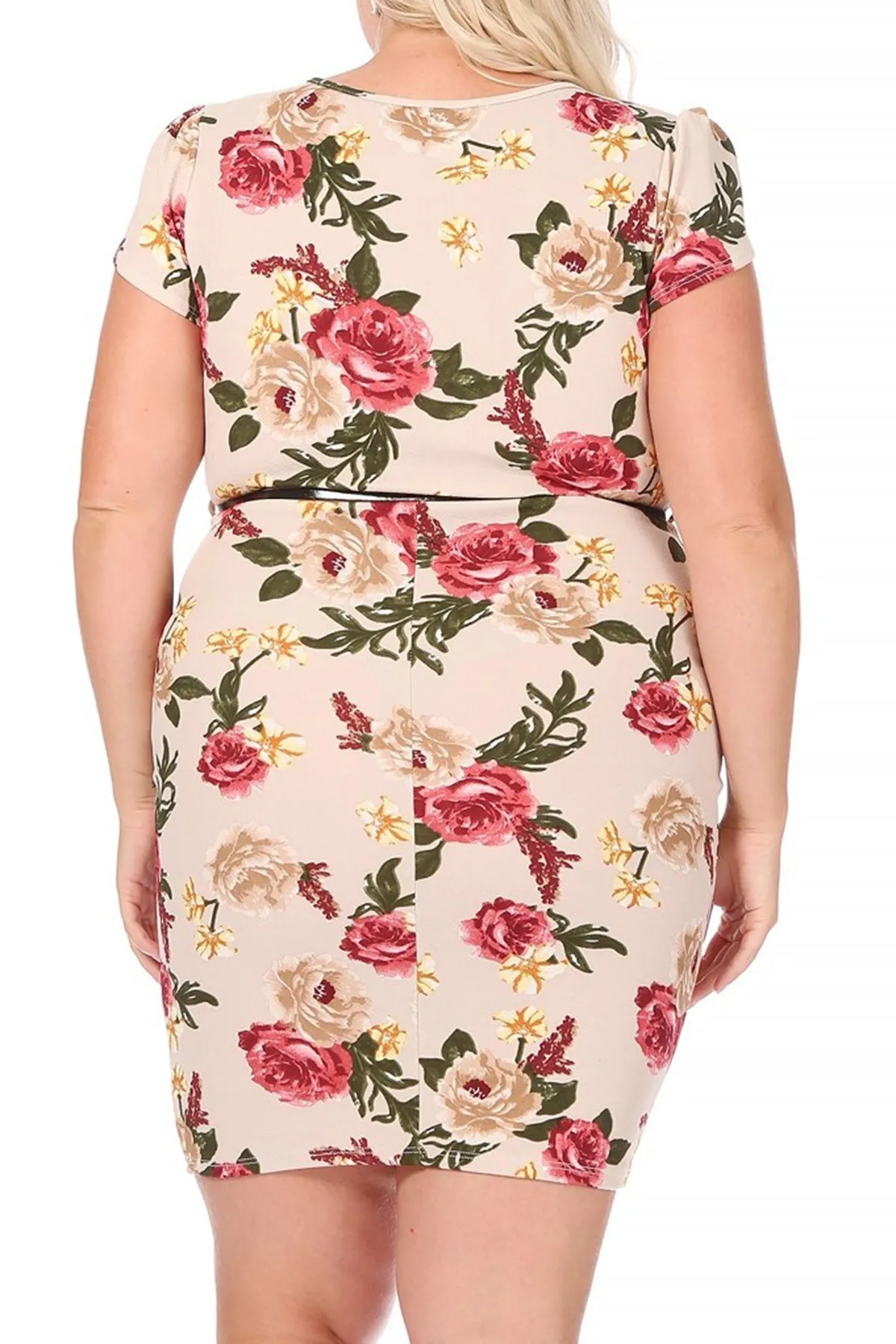 Women's Elegant Plus Size Floral Pencil Work Dresses Short Sleeve Round Neck with Belt